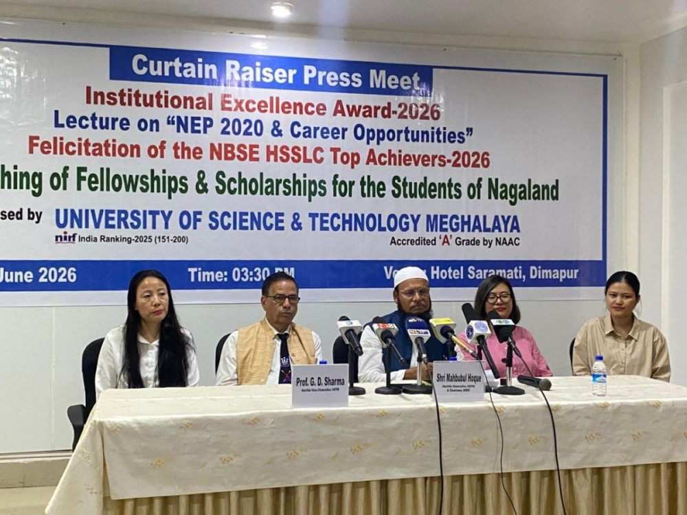 USTM Vice Chancellor Prof GD Sharma, Chancellor Mahbubul Hoque, and senior faculty members from Nagaland during the press conference at Hotel Saramati on June 19. (Morung Photo)